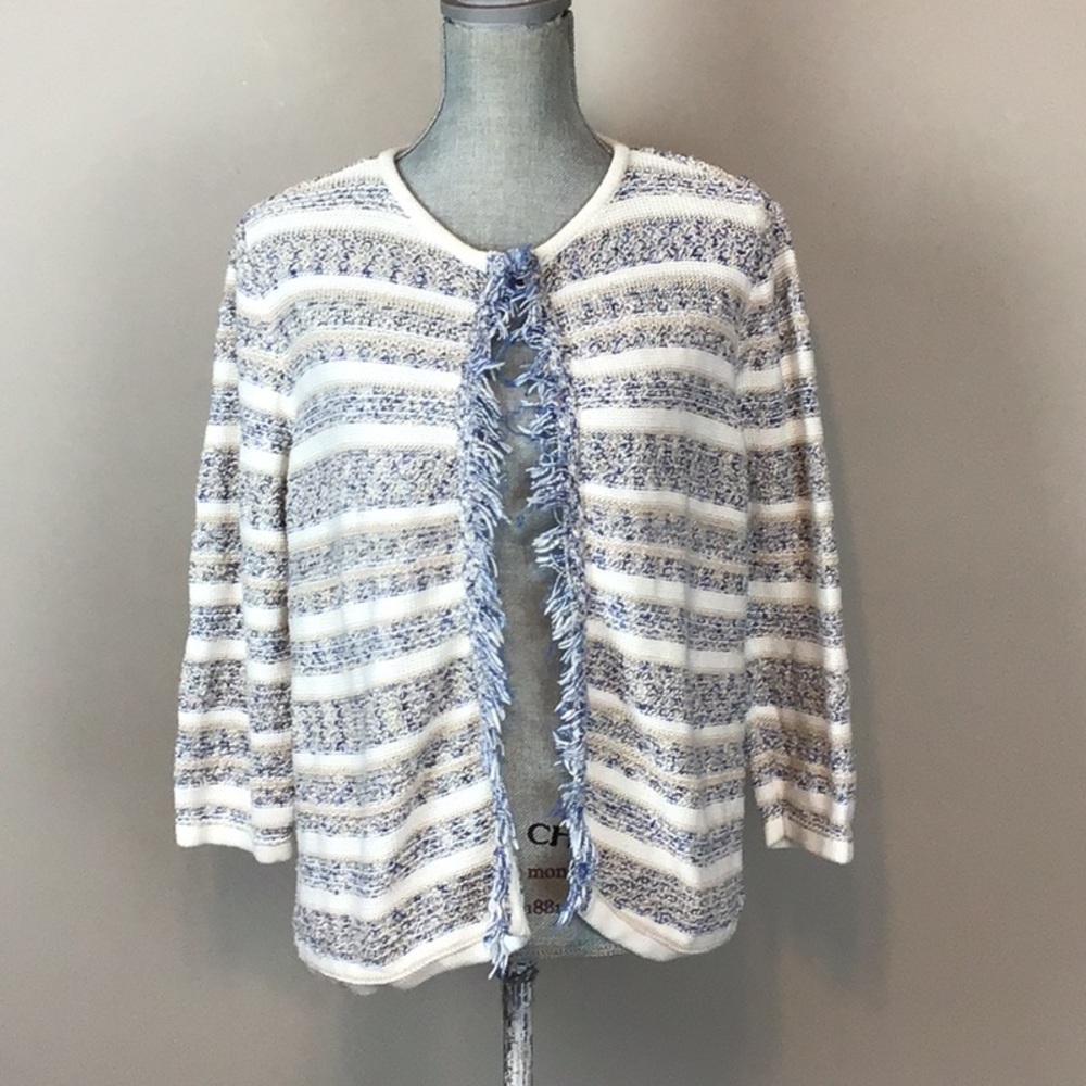 Chico's Blue and White Fringed Cardigan